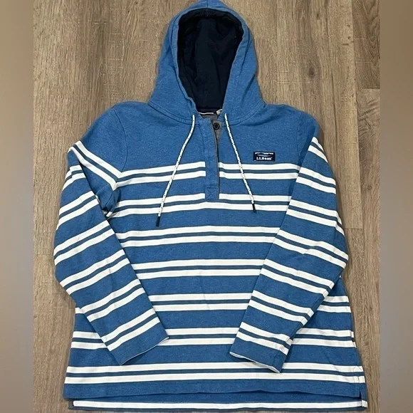 Men’s L.L. Bean XL Nautical Half Button Pullover Sweater Navy Hooded Soft Cotton - Picture 2 of 8
